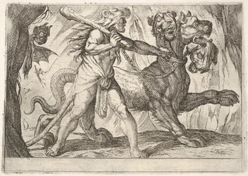 Herkules och Kerberos: Herkules griper Kerberos halsband, två demoner visar sig till vänster ..., 1608