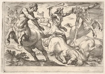 Hercules and the Centaurs: Hercules håller i huvudet på en kentaur med sin vänstra hand och rai..., 1608.