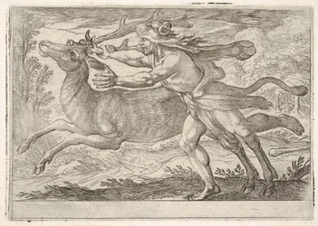 Hercules and the hind of Mount Cerynea: Hercules går bredvid baken och tar tag i..., 1608.