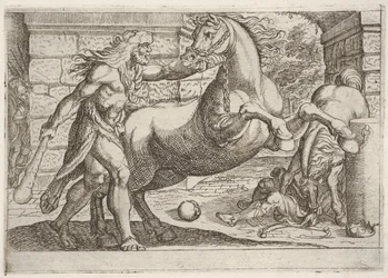 Hercules and the Mares of Diomedes: Hercules tar tag i tränset på en uppfödande häst, en sekund..., 1608.