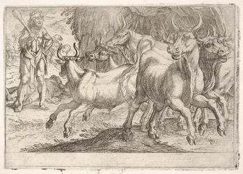 Hercules and the Oxen of Geryones: med en klubba upplyft av sin högra hand, konfronterar Hercules..., 1608.
