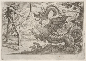 Herkules och ormen Ladon: Herkules spänner sin båge, den resande ormen framträder i profil, 1608