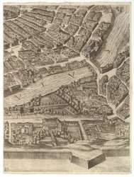 Plan över staden Rom. Del 10 med Tibern och Villa Farnesina, 1645.