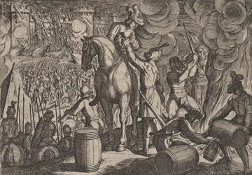 Platt 13: Attack på den romerska fästningen på natten, från The War of the Romans Against the Ba..., 1611.