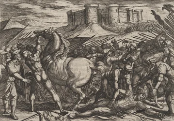 Platta 17: Romarna vilseleds av Civilis häst att tro att han var död eller skadad, från..., 1611.
