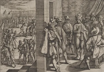 Plansch 18: Civilis hemliga möte med andra ledare från Trier, ur Romarnas krig mot bataverna, 1611.