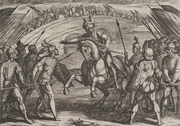 Plåt 22: Civilis skiljer tyska och holländska trupper, från The War of the Romans Against th..., 1611.