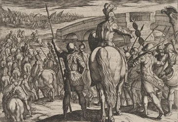 Plåt 24: De nya romerska truppernas förhandsgarde vände tillbaka, från The War of the Roman..., 1611.