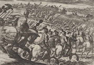 Plåt 25: Den romerske befälhavaren Cerialis attackerar nära Trier, från The War of the Romans Agai..., 1611.