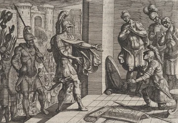 Plåt 26: Cerialis benådar och avlastar romerska soldater som hade hjälpt Civilis, från The Wa..., 1611.