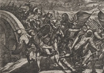 Plåt 27: Holländarna under en överraskningsattack av det romerska lägret vid Mosel, från The Wa..., 1611.