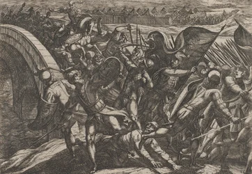 Plåt 27: Holländarna under en överraskningsattack av det romerska lägret vid Mosel, från The Wa..., 1611.