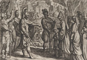 Plåt 28: Kölnska trupper tar Civilis fru och syster till Cerialis, från The War of the R..., 1611.
