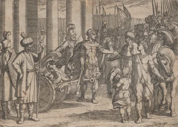 Plåt 2: Alexander Cutting the Gordian Knot, från The Deeds of Alexander the Great, 1608.,