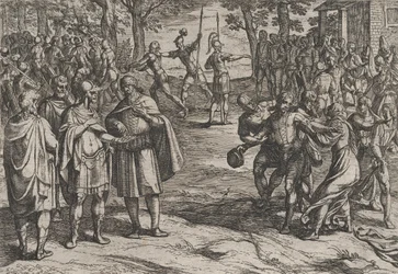 Platt 2: Romarna tar gamla holländska män som gisslan och förför unga, från kriget..., 1611.