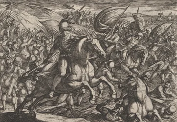 Plåt 30: Cerialis driver holländarna in i Rhen, från The War of the Romans Against th..., 1611.