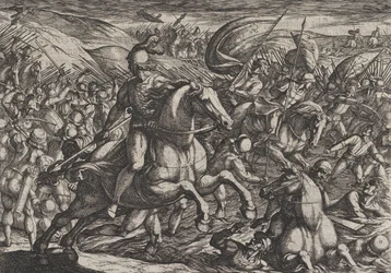 Plåt 30: Cerialis driver holländarna in i Rhen, från The War of the Romans Against th..., 1611.