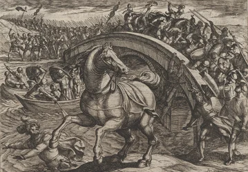 Plåt 31: Civilis tvingad att stiga av och simma över floden, från The War of the Romans..., 1611.