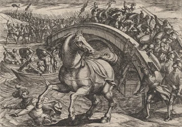 Plåt 31: Civilis tvingad att stiga av och simma över floden, från The War of the Romans..., 1611.