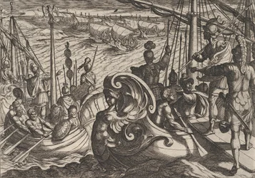 Plåt 33: Holländska och romerska flottiler på Rhen, från The War of the Romans Against the B..., 1611.