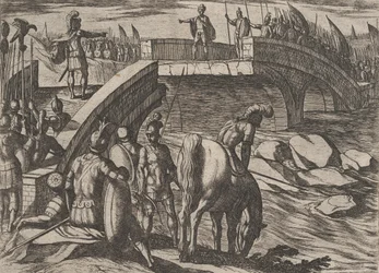 Platta 36: Civilis och Cerialis möts på en bruten bro för att nå en överenskommelse, från The War of..., 1611.