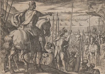 Plåt 3: Alexander instruerar sina soldater, från Alexander den stores gärningar, 1608.