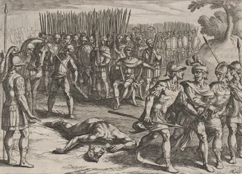 Plåt 3: Claudius Civilis arresterad och hans bror Paulus halshuggen, från The War of the Ro..., 1611.