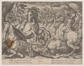 Platta 4: Alexander strider mot perserna, från Alexander den stores gärningar, 1608.
