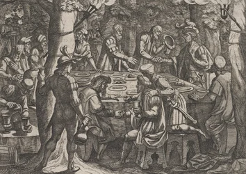 Platta 4: Civilis berättar för de holländska äldste att de behandlas som slavar av romarna..., 1611.