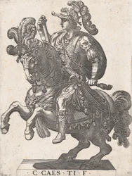 Plåt 4: Kejsar Gaius till häst, från "De första tolv romerska kejsarna", 1596.
