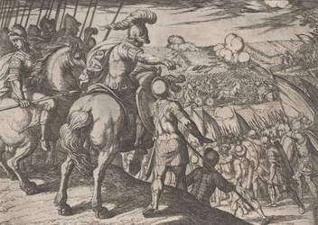 Platta 5: Alexander dirigerar ett slag, från Alexander den stores gärningar, 1608.,