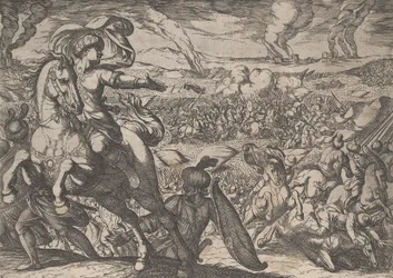 Plåt 6: Darius flyr från slagfältet, från Alexander den stores gärningar, 1608.