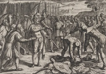 Plåt 7: Tyska sändebud besöker Civilis, från The War of the Romans Against the Batavians Ro..., 1611.