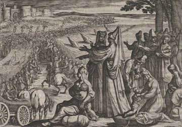 Platt 8: Kvinnor och barn observerar Civilis som slåss mot romarna, från The War of the Roma..., 1611.