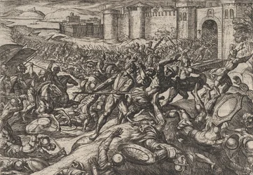 Platta 9: Romarna besegrade av de holländska trupperna i Bonna, från The War of the Romans Agai..., 1611.