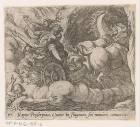 Pluto slukar Proserpina som försmäktar från nymfen Cyane Bortförd av Proserpina, förvandlas Cyane till en egen pool (titel på objekt) Metamorfoseon eller transformationer (serietitel) Metamorfosen van Ovidius (serietitel)