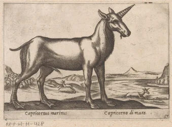 Stenbocken som ett havsdjur Capricornus marinus/ Capricorno di mare (titel på objektet) Djur och mytiska varelser (serietitel) Nova raccolta de li animali piu curiosi del mondo (serietitel)