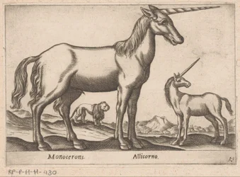 Två enhörningar och ett lejon Monocerons/ Allicorno (titel på objekt) Djur och mytiska varelser (serietitel) Nova raccolta de li animali piu curiosi del mondo (serietitel)
