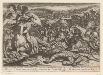 Sauls självmord efter hans nederlag mot filistéerna. Saul post cladem et necem fillor sibl morte conscivit (titel på objektet). Stridsscener ur Gamla testamentet (serietitel)