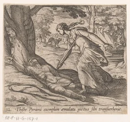 Thisbes självmord - Thijsbe Pyrami exemplum aemulata pectus sibi transuerberat (titel på föremålet) - Metamorphoseon sive transformationum (serietitel) - Ovidius Metamorfoser (serietitel)