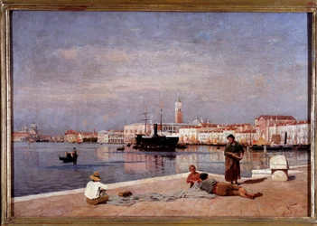 Utsikt över lagunen i Venedig från en brygga (olja på duk