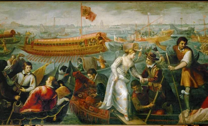 Drottning Caterina Cornaro, änka efter kung Jacob II av Cypern, anländer till Venedig och tvingas av republiken att abdikera (olja på duk)