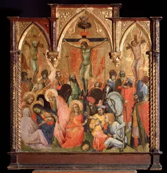 Korsfästelse, med de två tjuvarna korsfästa med Jesus Kristus (tempera och guld på panelen