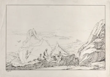 Bergigt landskap med två män i förgrunden, 1828.