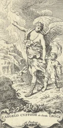 En ängel leder en ung pojke och gör en gest mot molnen, ca. 1708-82.