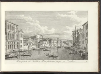 Se på Canal Grande och Palazzo Flangini i Venedig Utsikt från husen i Flanginos till Bembos (titel på objekt) Den mest kända utsikten över staden Venedig, från Antoniuskanalens 38 paneler, tryckta i mässing av Antonio Visentini, i tre delar