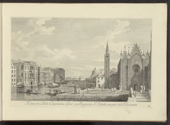 Se på Canal Grande en de Chiesa di Santa Maria della Carità te Venetië På den här sidan från välgörenhetshuset, på andra sidan från regionen S. Vitalis så långt som till Telonium (titel på objektet) Den mest kända utsikten över staden Venedig, från Antoniu
