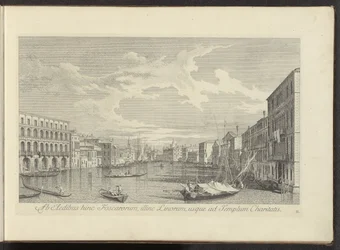 Utsikt över Canal Grande i Venedig Från Foscars hus på denna sida, på andra sidan Linos, så långt som till Välgörenhetstemplet (titel på objektet) Den mest kända utsikten över staden Venedig, från Antoniuskanalens 38 paneler, tryckta i mässing av Antonio V