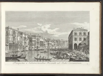 Utsikt över Canal Grande i Venedig Utsikt från Rivoalti Substructures till Aedes Civranorum (titel på objekt) Den mest kända utsikten över staden Venedig, från Antoniuskanalens 38 paneler, tryckta på mässing av Antonio Visentini, uppdelade i tre delar. sid
