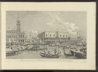 Se på Canal Grande te Venetië med Bucintoro van de doge Bucentaurus och Nundinae Venetae på Kristi himmelsfärdsdagen (titel på objekt) Den mest kända utsikten över staden Venedig, från Antoniuskanalens 38 paneler, tryckta på luft av Antonio Visentini delvi